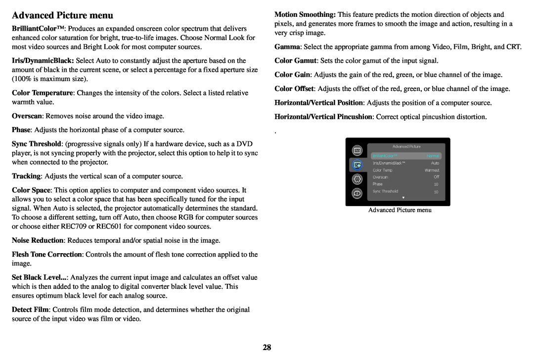 InFocus SP8602, SP8600 manual Advanced Picture menu 
