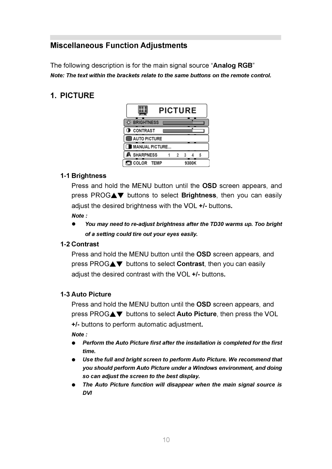 InFocus TD30 manual Miscellaneous Function Adjustments, Brightness, Contrast, Auto Picture 