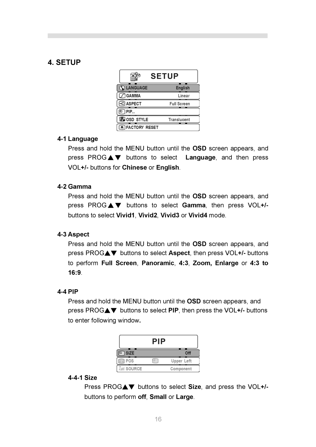 InFocus TD30 manual Setup, Language, Gamma, Aspect, Pip 