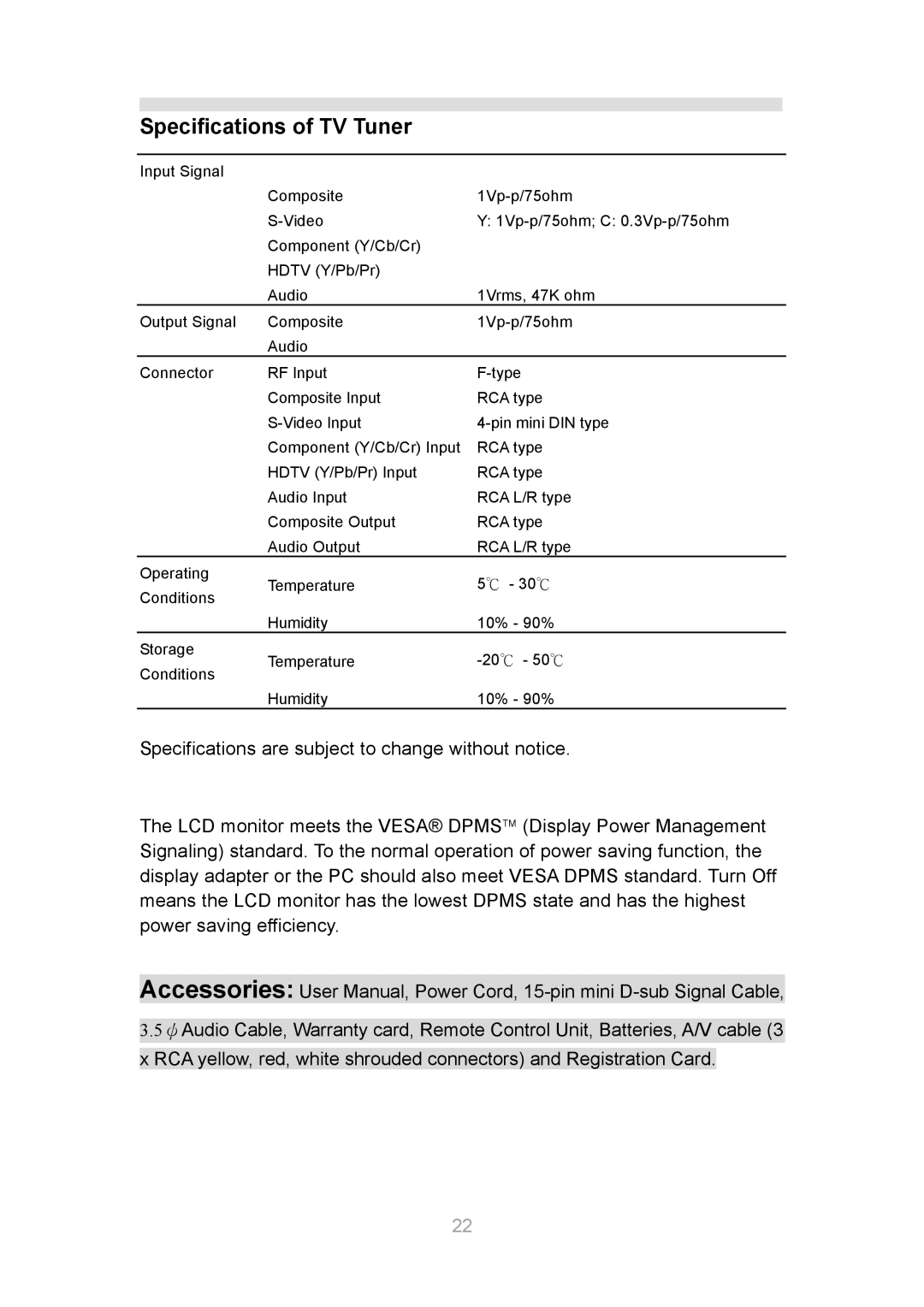 InFocus TD30 manual Specifications of TV Tuner 