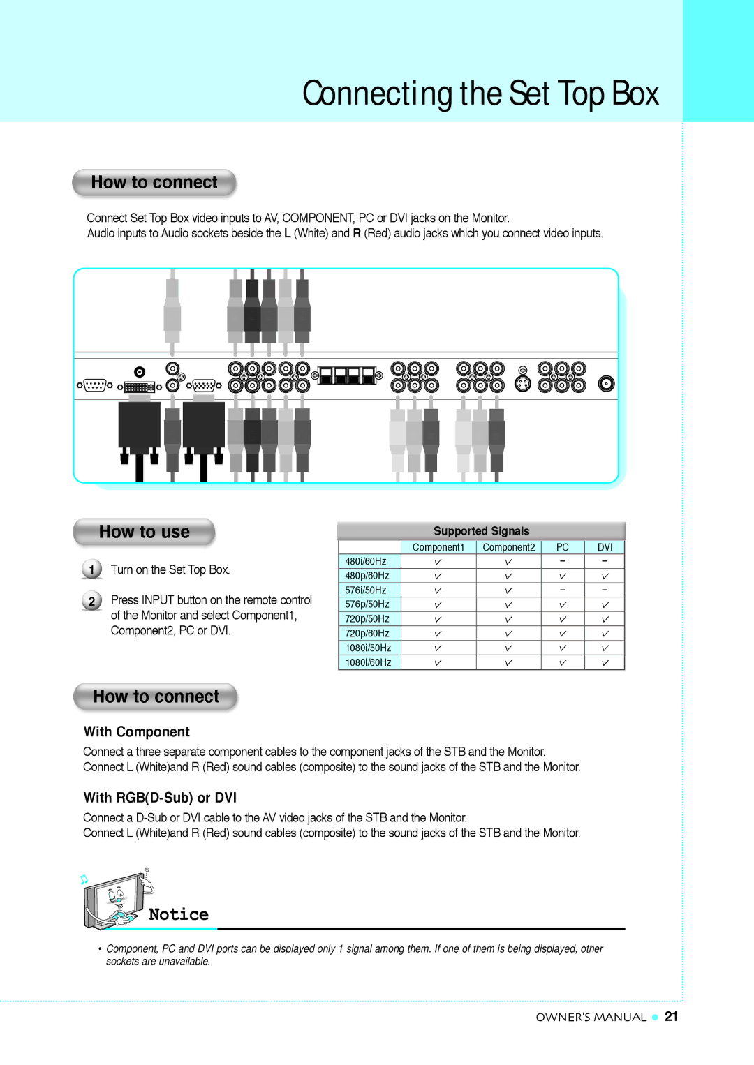 InFocus TD32 Connecting the Set Top Box, How to connect, With Component, With RGBD-Sub or DVI, Turn on the Set Top Box 