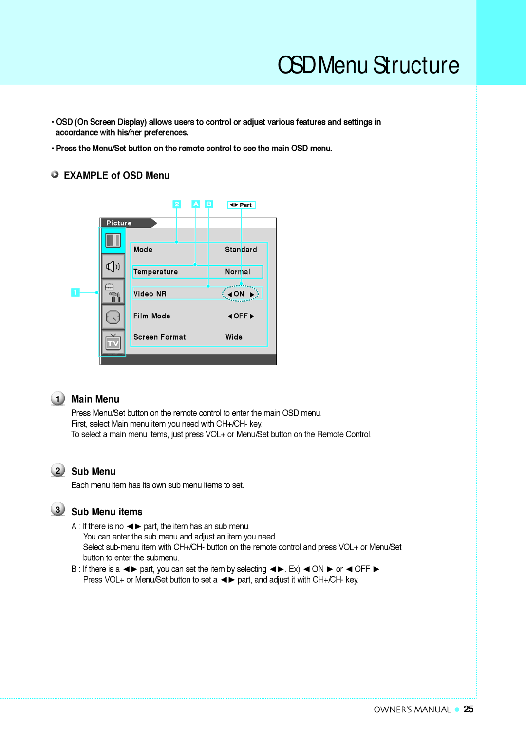 InFocus TD32, TD40 NTSC manual OSD Menu Structure, Example of OSD Menu, Main Menu, Sub Menu items 