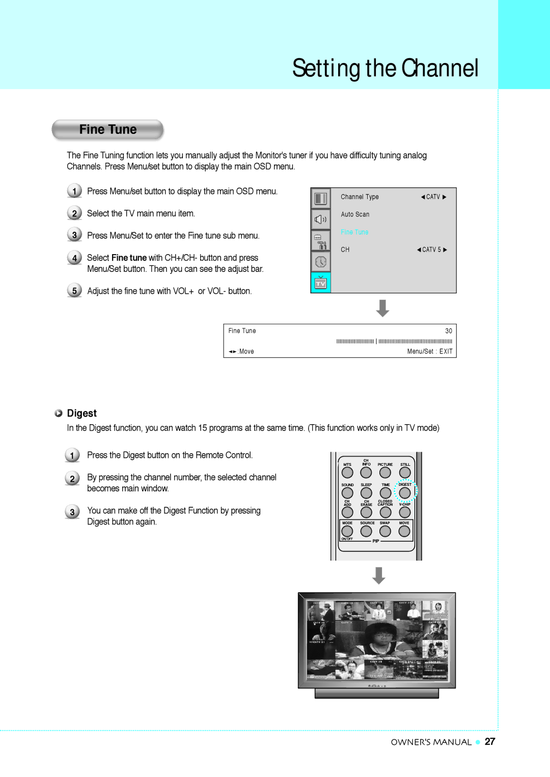 InFocus TD32, TD40 NTSC manual Fine Tune, Digest, Adjust the fine tune with VOL+ or VOL- button 