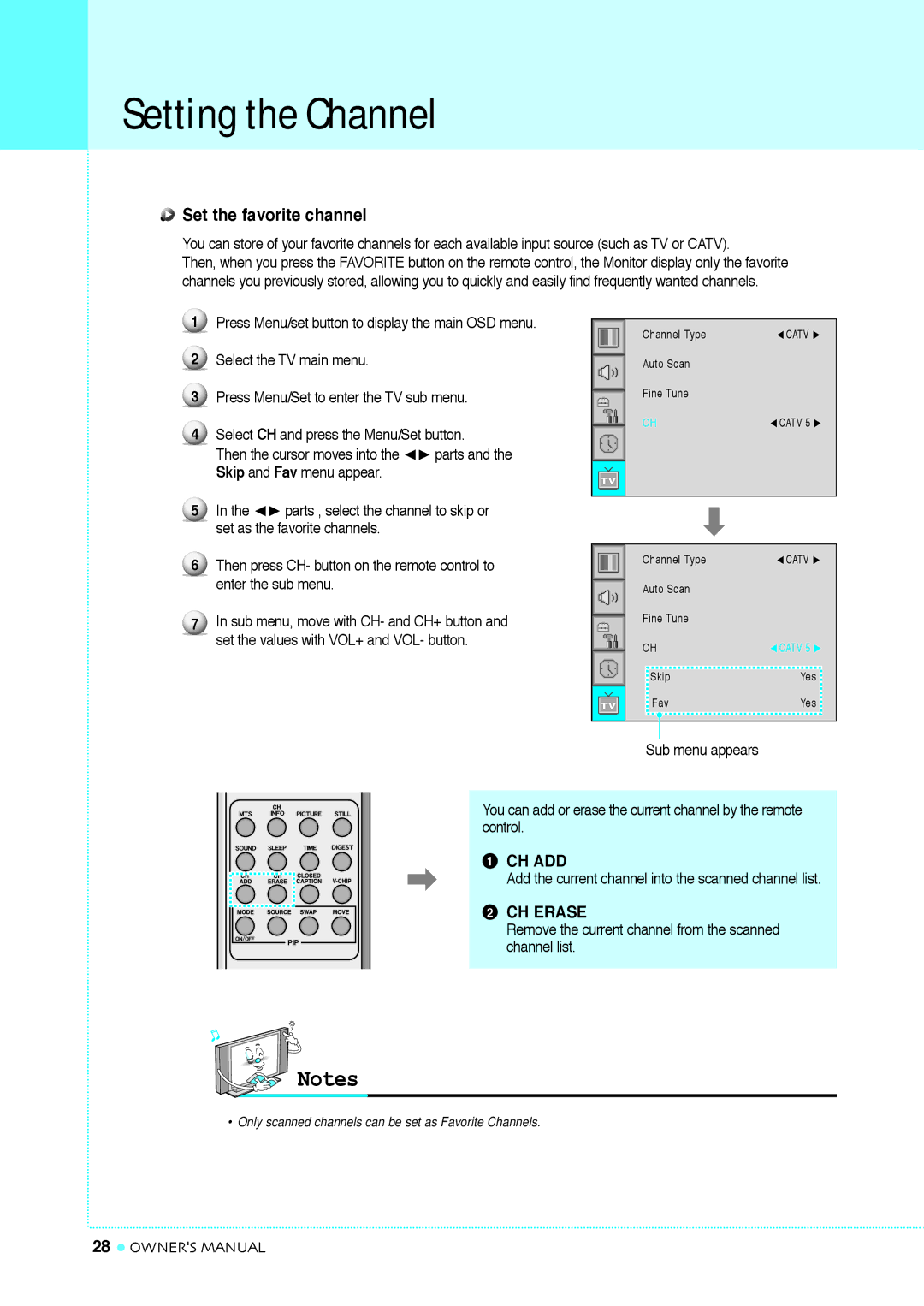 InFocus TD40 NTSC, TD32 manual Set the favorite channel, Skip and Fav menu appear 