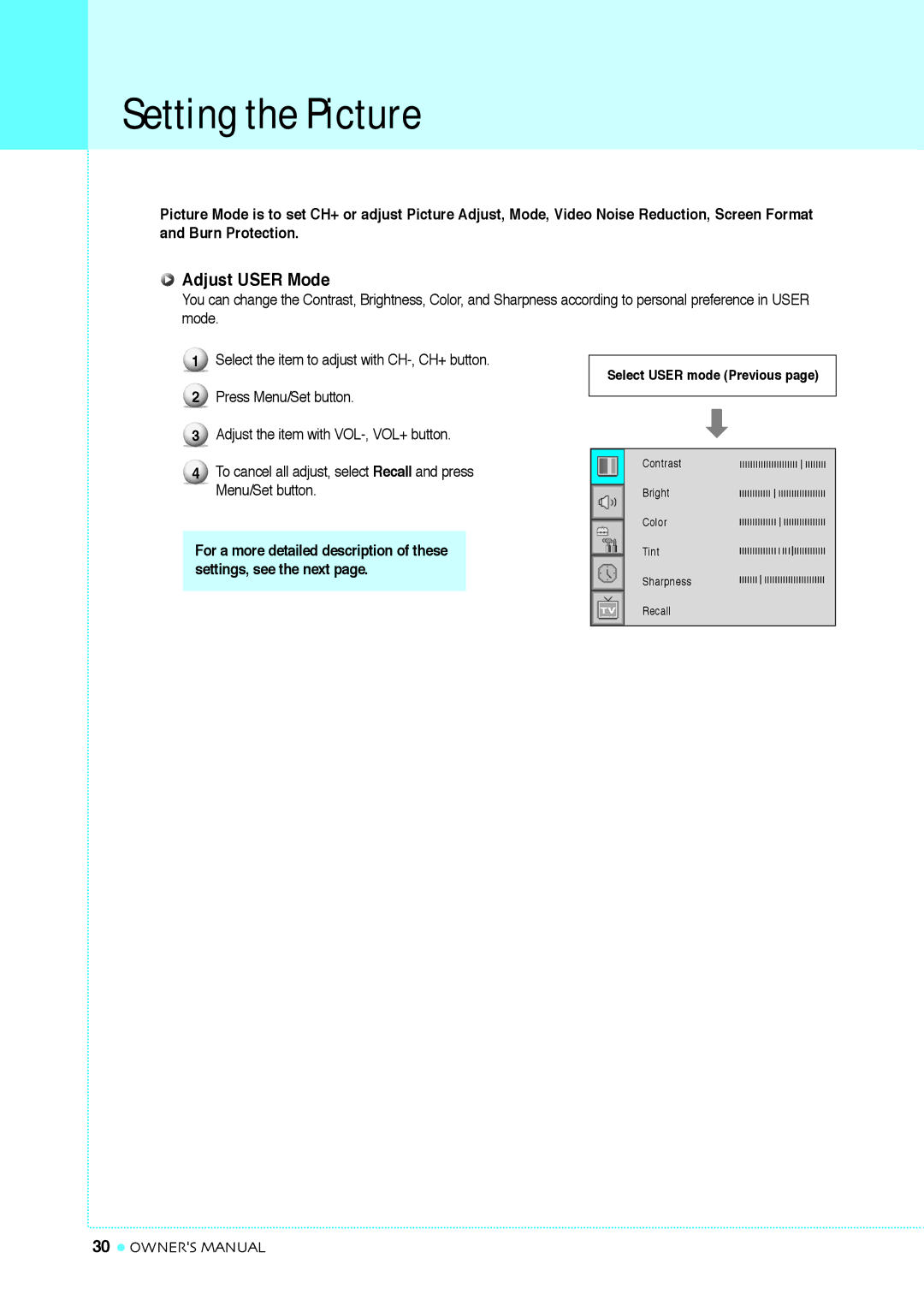 InFocus TD40 NTSC, TD32 manual Adjust User Mode 