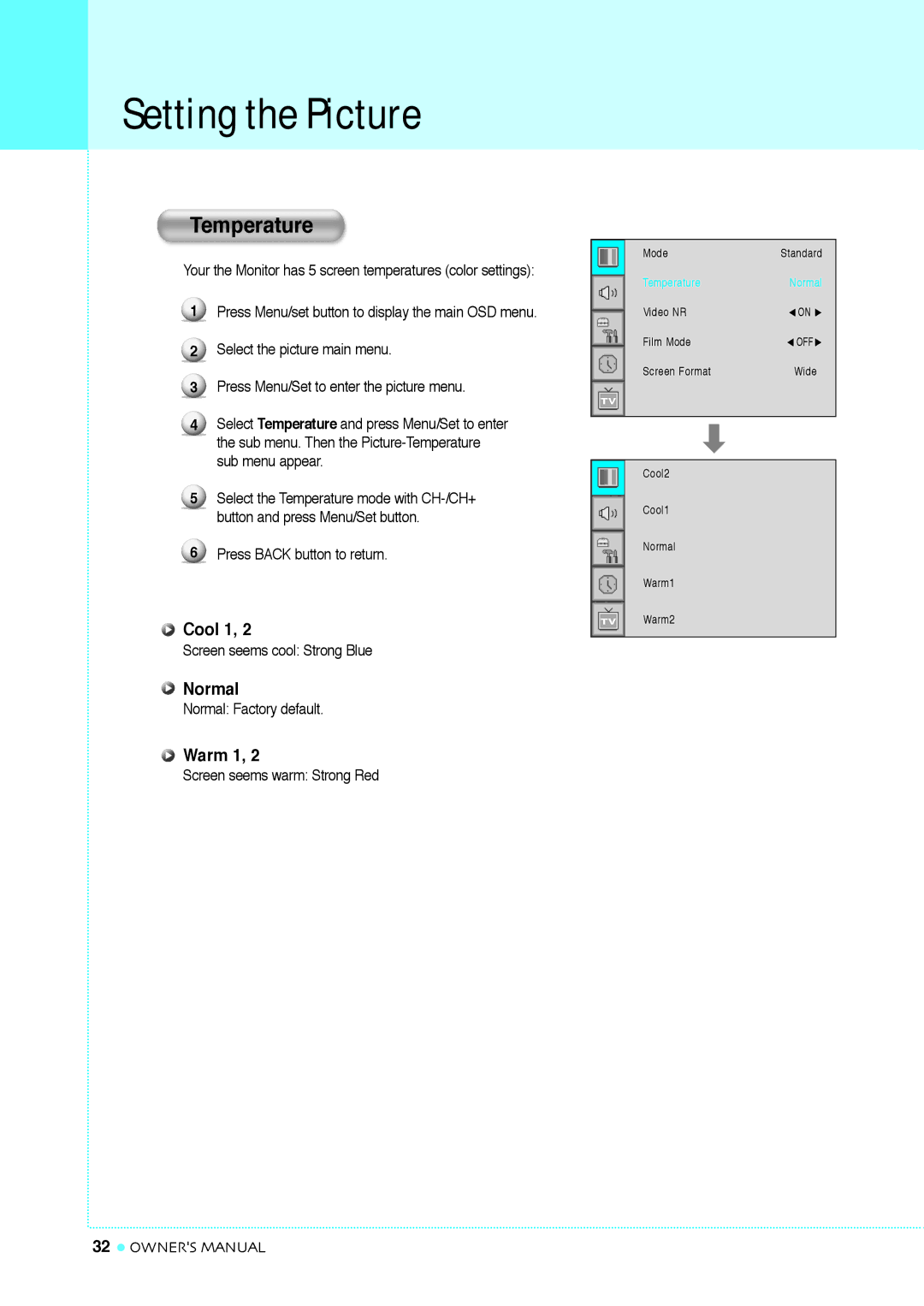 InFocus TD40 NTSC, TD32 manual Temperature, Cool 1, Normal, Warm 1 