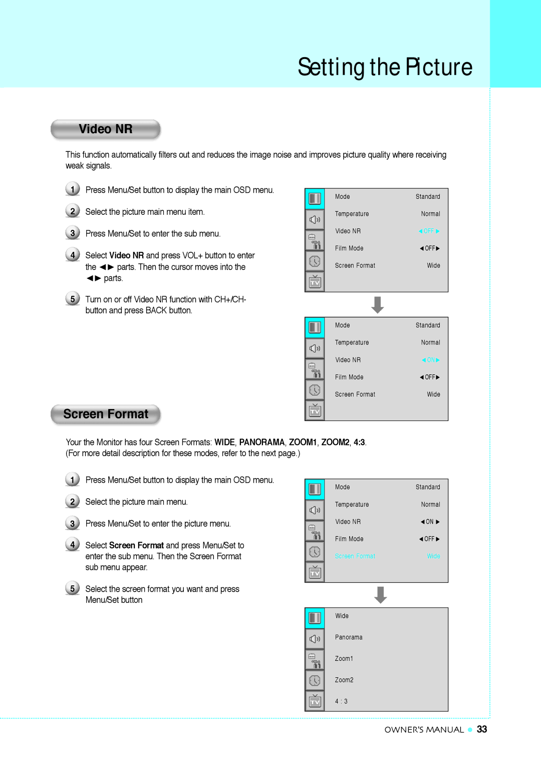 InFocus TD32, TD40 NTSC manual Video NR, Screen Format 