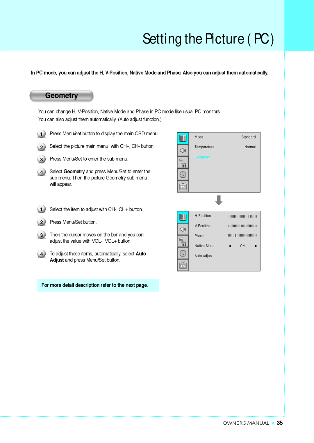 InFocus TD32, TD40 NTSC manual Setting the Picture PC, Geometry 