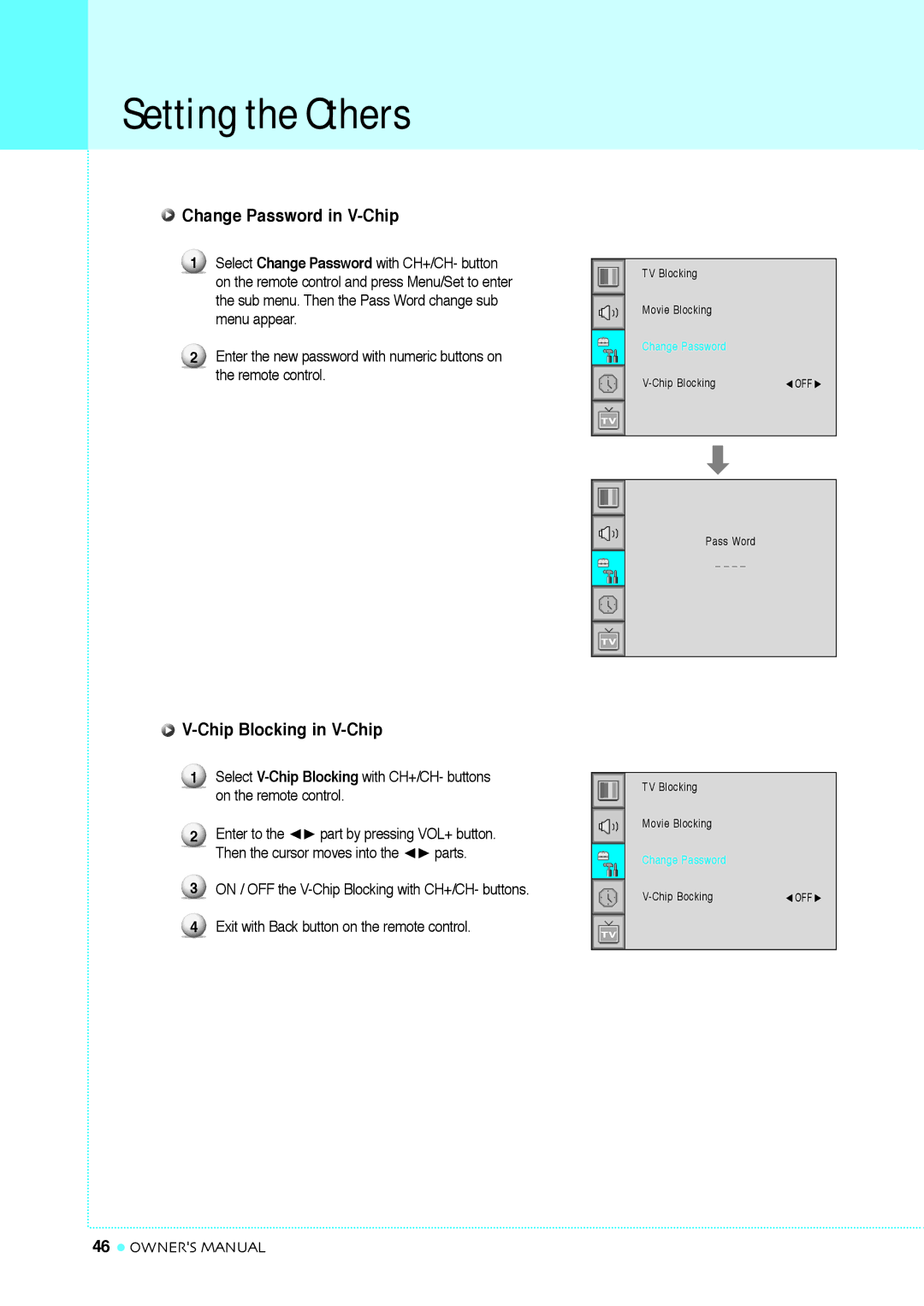 InFocus TD40 NTSC, TD32 manual Change Password in V-Chip, Chip Blocking in V-Chip, Enter to 