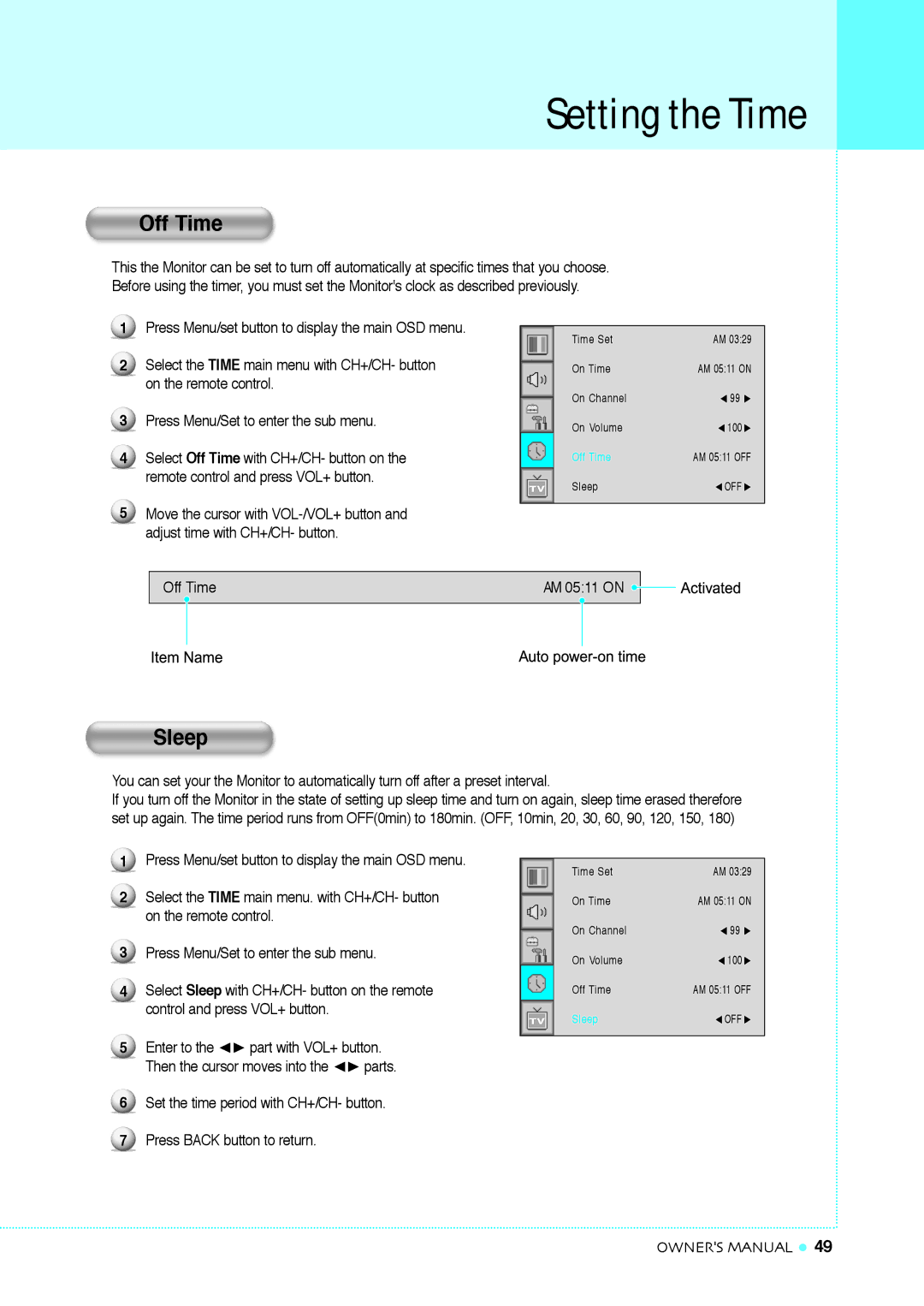 InFocus TD32, TD40 NTSC manual Off Time, Sleep 