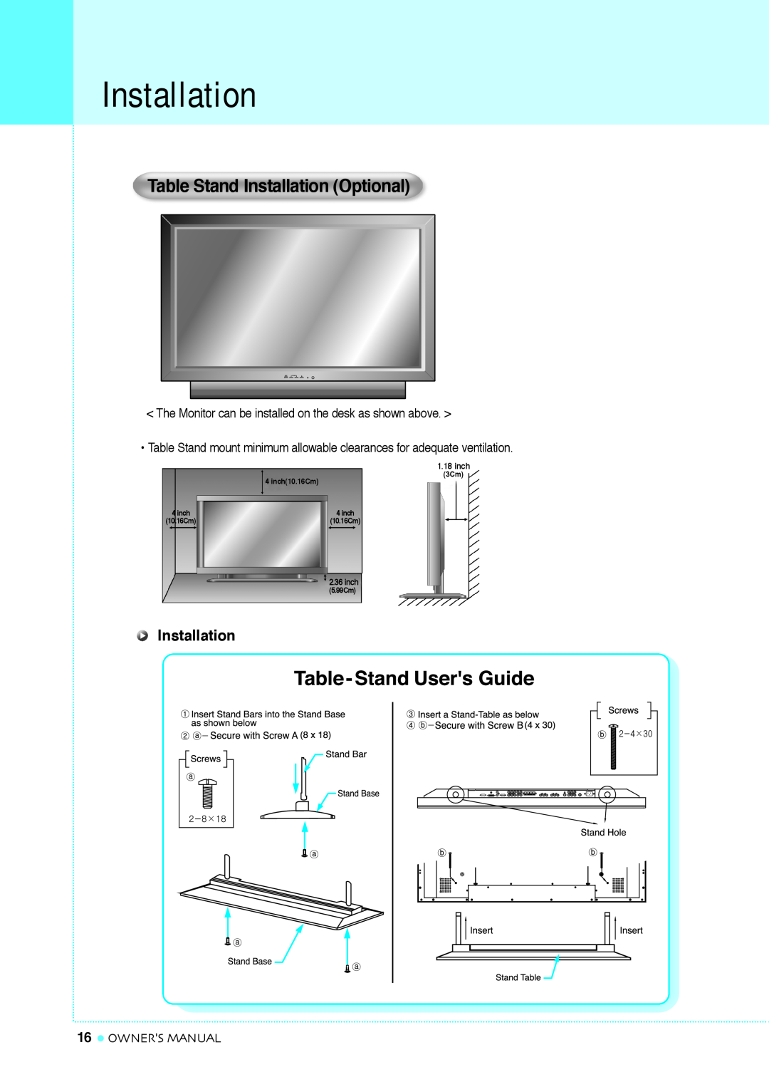 InFocus TD40 NTSC, TD32 manual Table Stand Installation Optional, Owners Manual, inch10.16Cm, 5.99Cm 