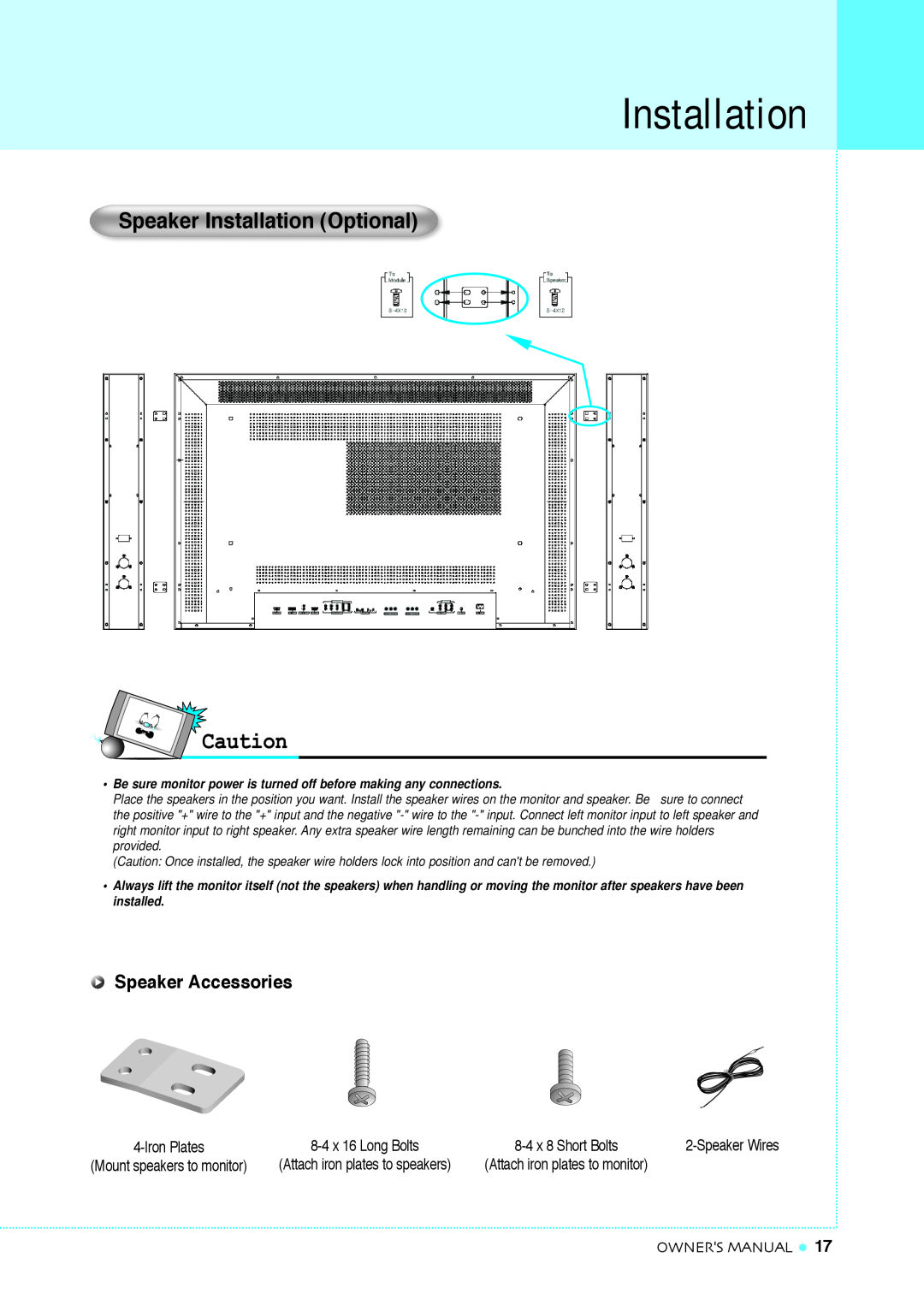 InFocus TD32, TD40 NTSC manual Speaker Installation Optional, Speaker Accessories, Owners Manual 