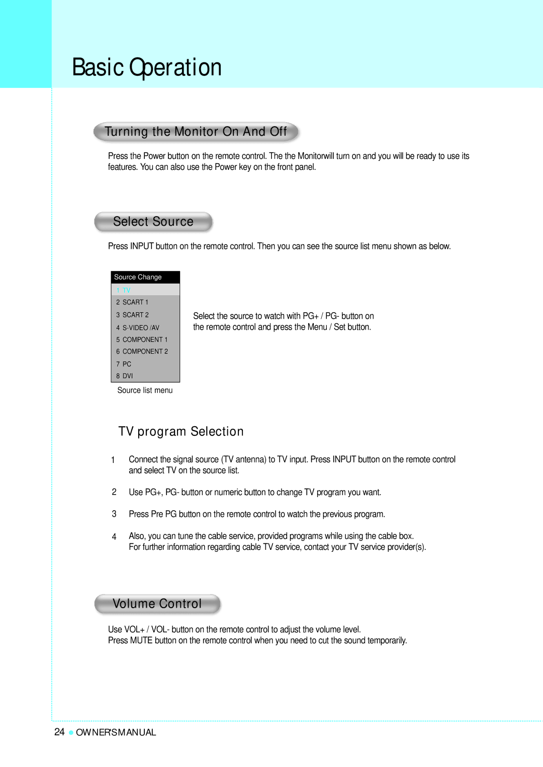 InFocus TD40 PAL Basic Operation, Turning the Monitor On And Off, Select Source, TV program Selection, Volume Control 