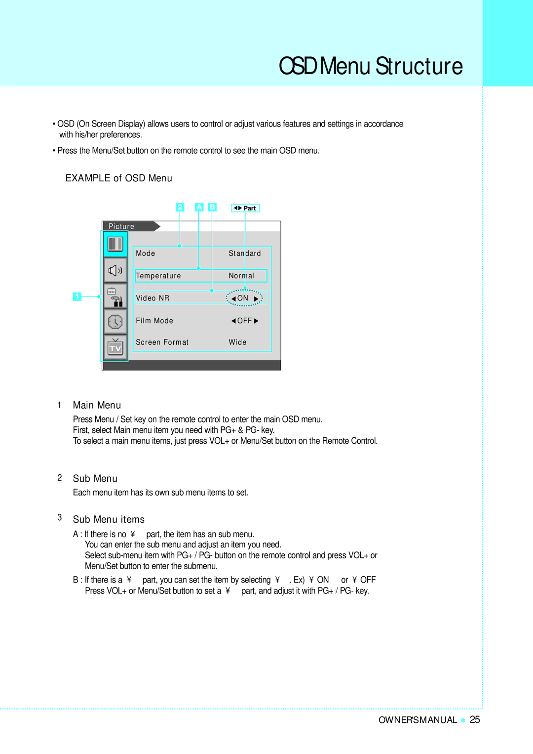 InFocus TD40 PAL manual OSD Menu Structure, Example of OSD Menu, Main Menu, Sub Menu items 