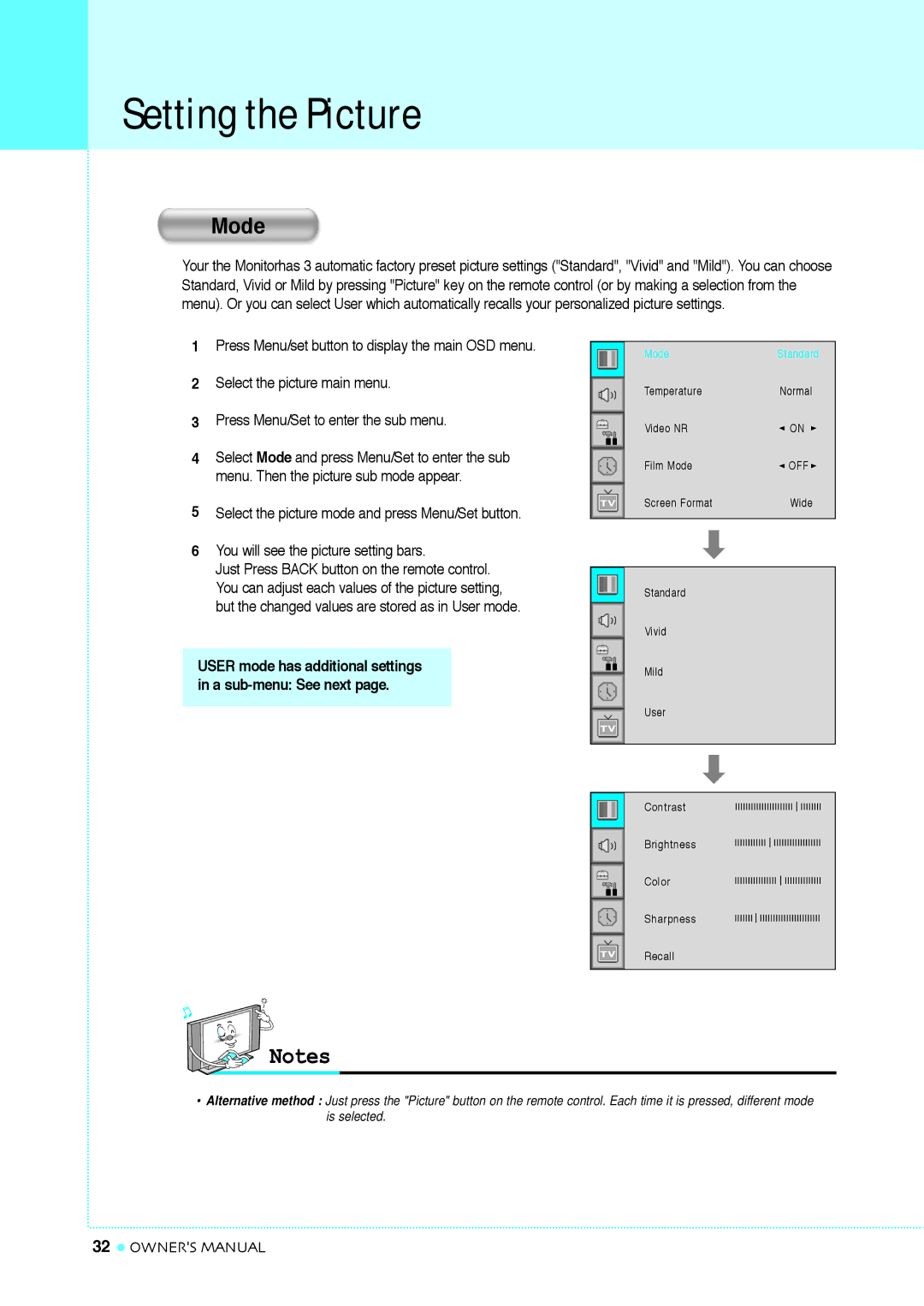 InFocus TD40 PAL manual Setting the Picture, Mode, User mode has additional settings in a sub-menu See next 