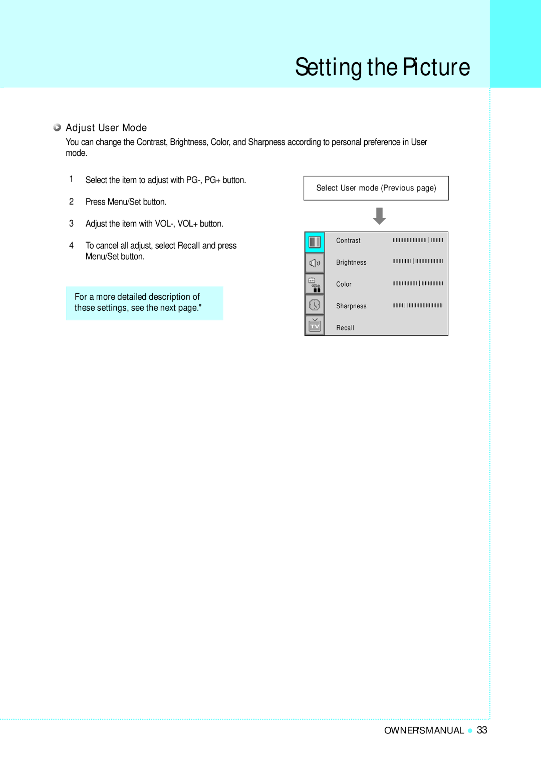 InFocus TD40 PAL manual Adjust User Mode, Select User mode Previous 