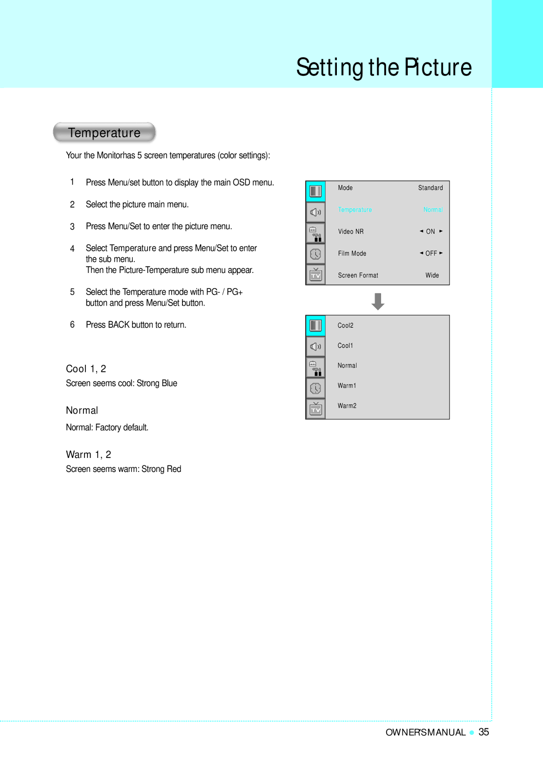 InFocus TD40 PAL manual Temperature, Cool 1, Normal, Warm 1 