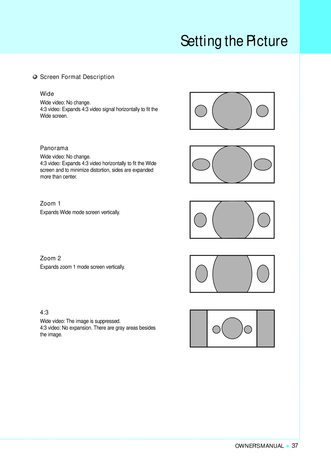 InFocus TD40 PAL manual Screen Format Description Wide, Panorama, Zoom 