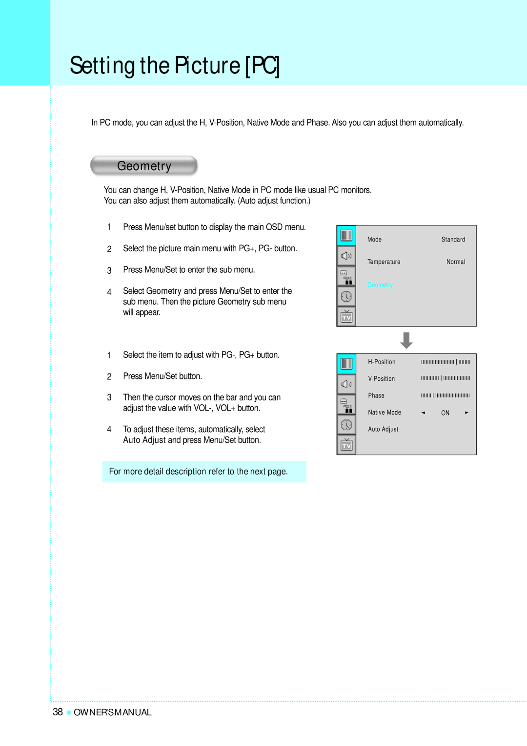 InFocus TD40 PAL manual Setting the Picture PC, Geometry 