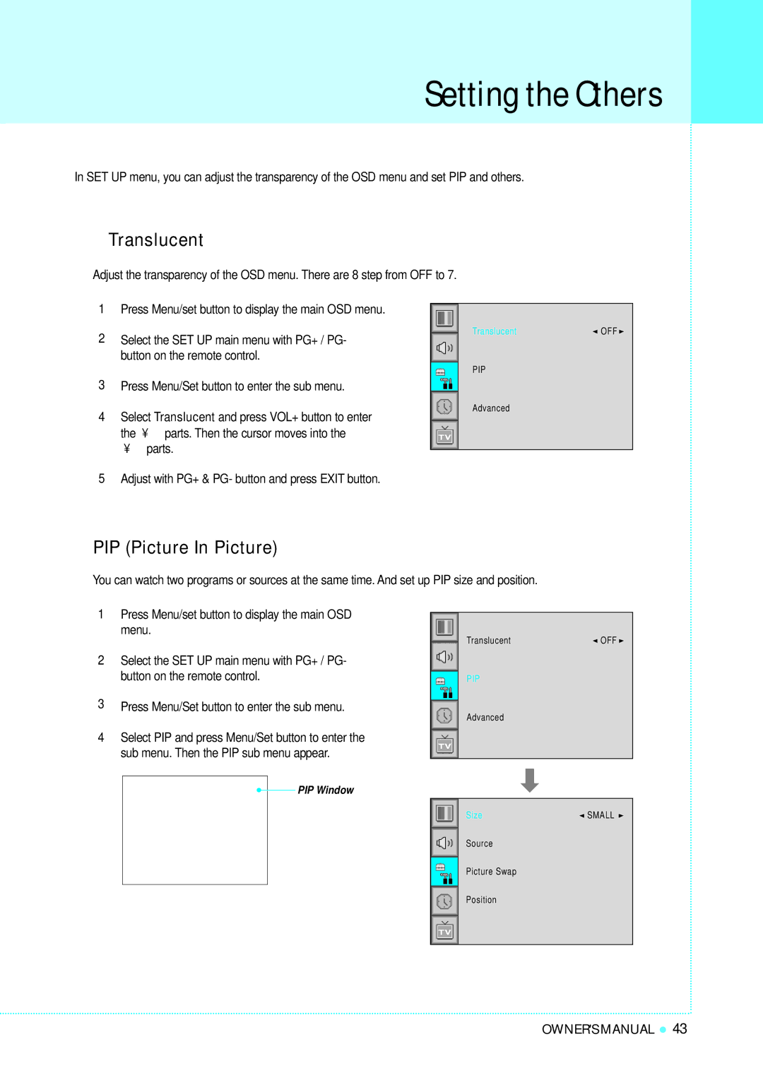 InFocus TD40 PAL manual Setting the Others, Translucent, PIP Picture In Picture 