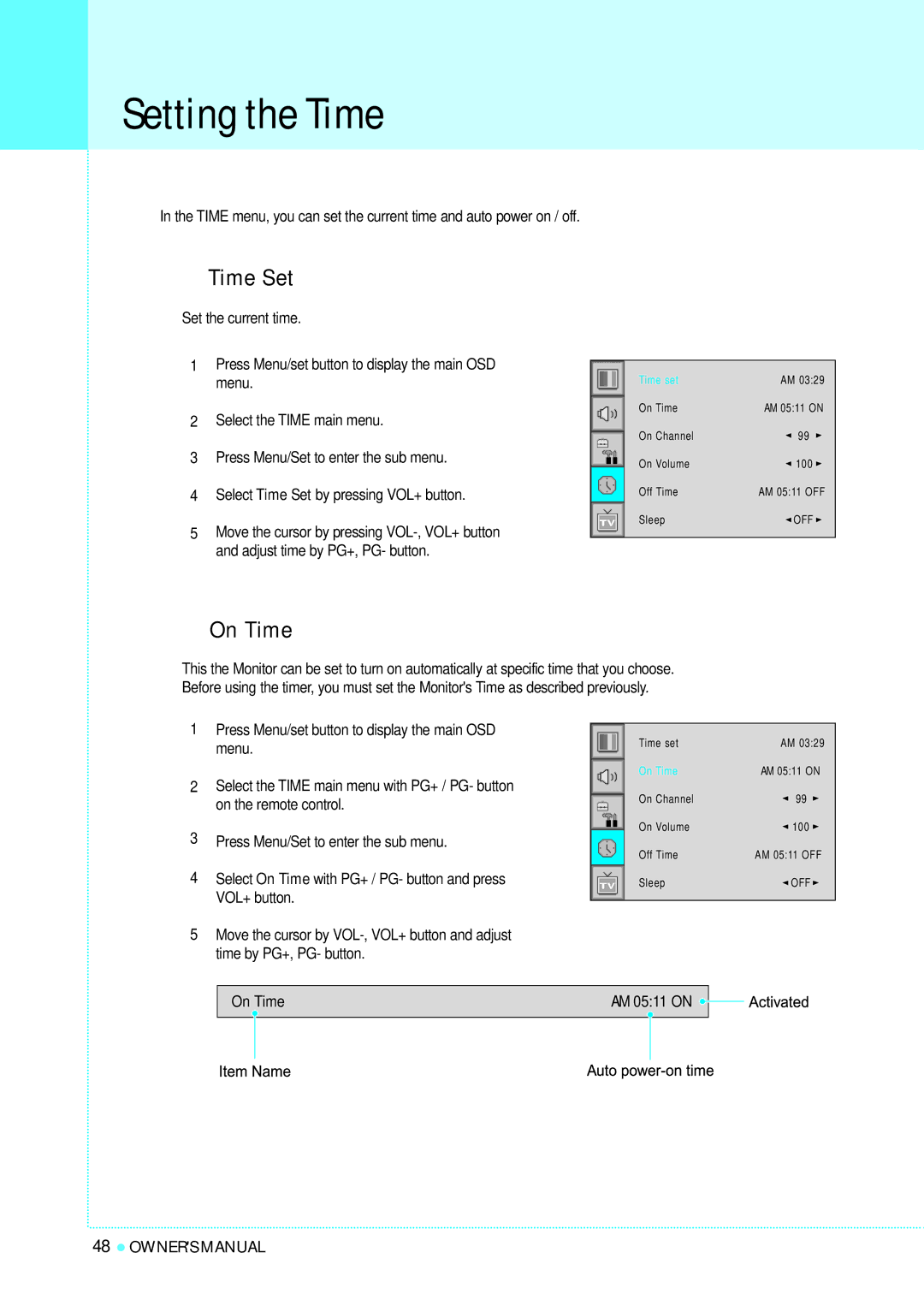 InFocus TD40 PAL manual Setting the Time, Time Set, On Time 