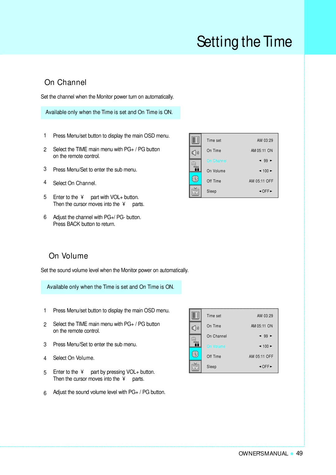 InFocus TD40 PAL manual On Channel, On Volume, Available only when the Time is set and On Time is on 