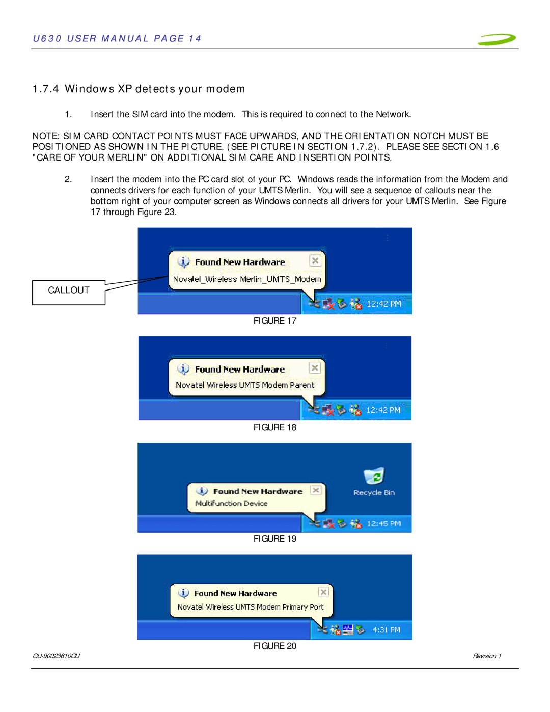 InFocus U630 user manual Windows XP detects your modem, Callout 