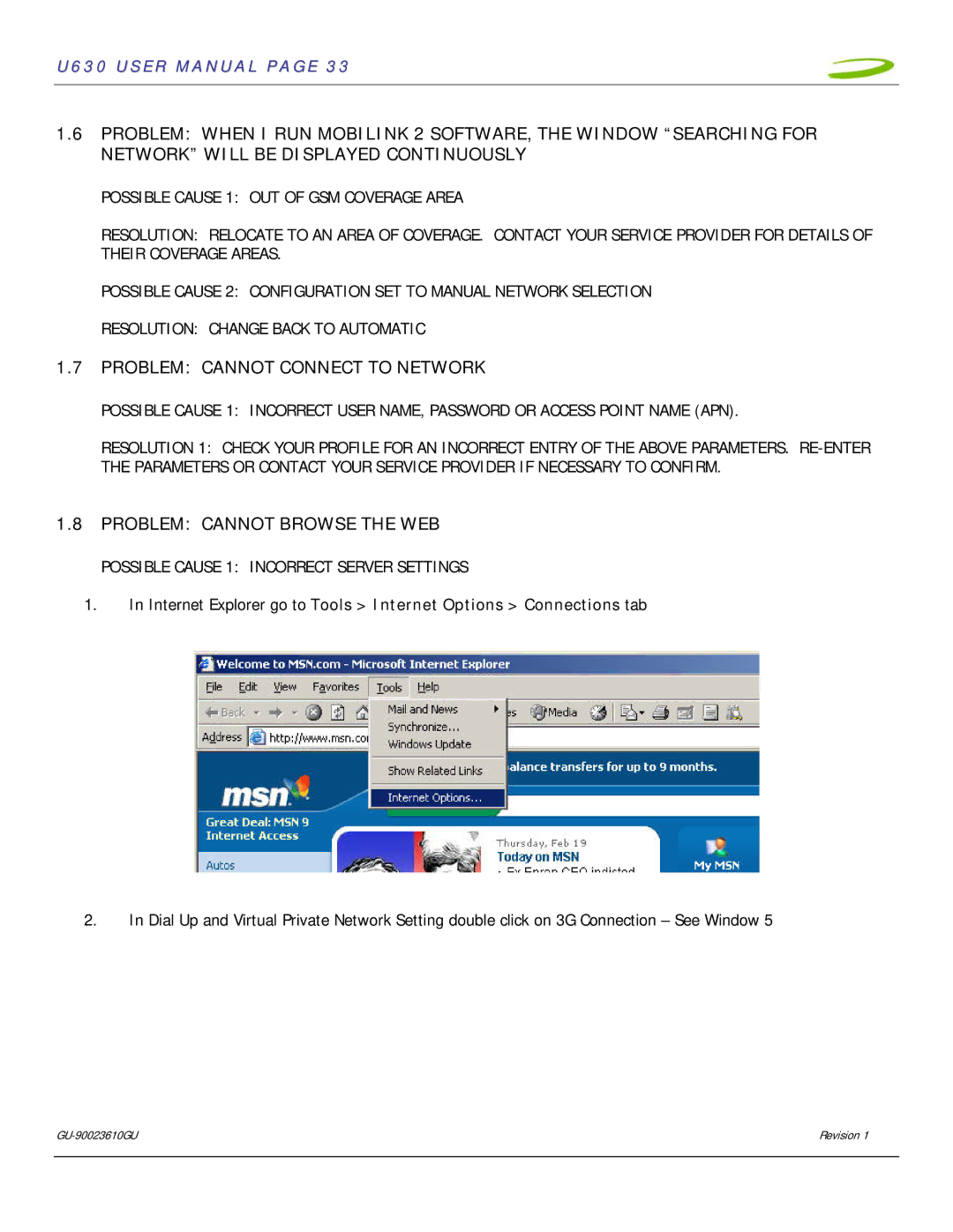 InFocus U630 user manual Problem Cannot Connect to Network, Possible Cause 1 Incorrect Server Settings 