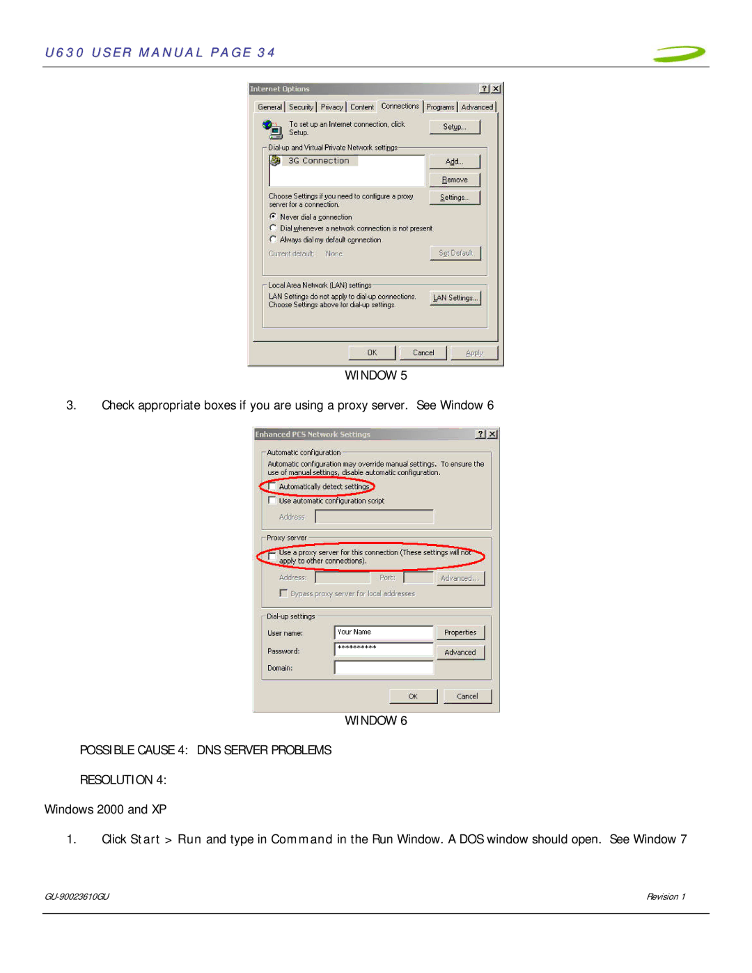 InFocus U630 user manual Window Possible Cause 4 DNS Server Problems Resolution 