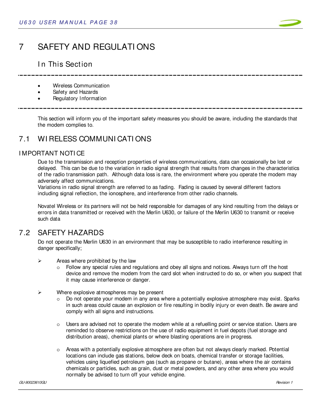 InFocus U630 user manual Safety and Regulations, Wireless Communications, Safety Hazards 