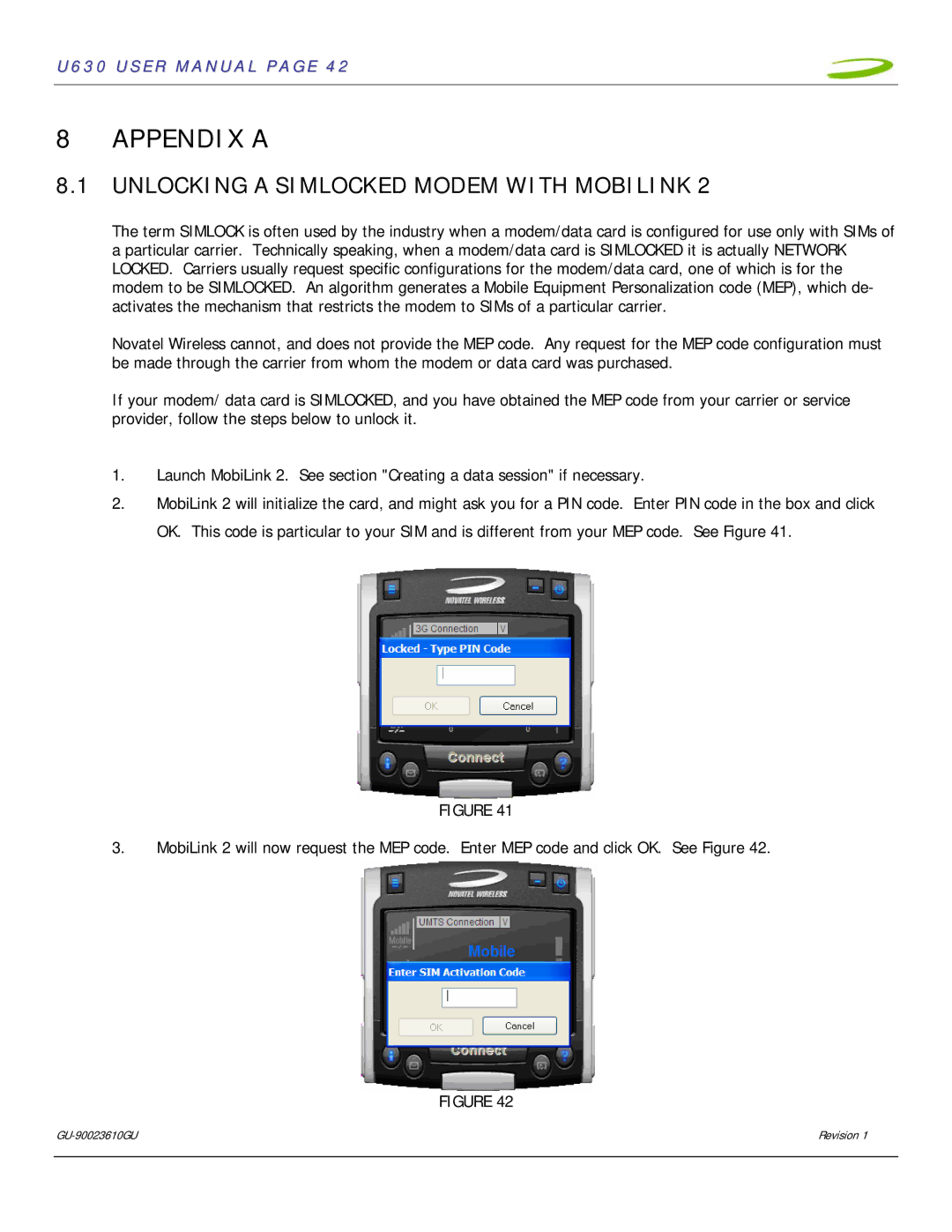 InFocus U630 user manual Appendix a, Unlocking a Simlocked Modem with Mobilink 