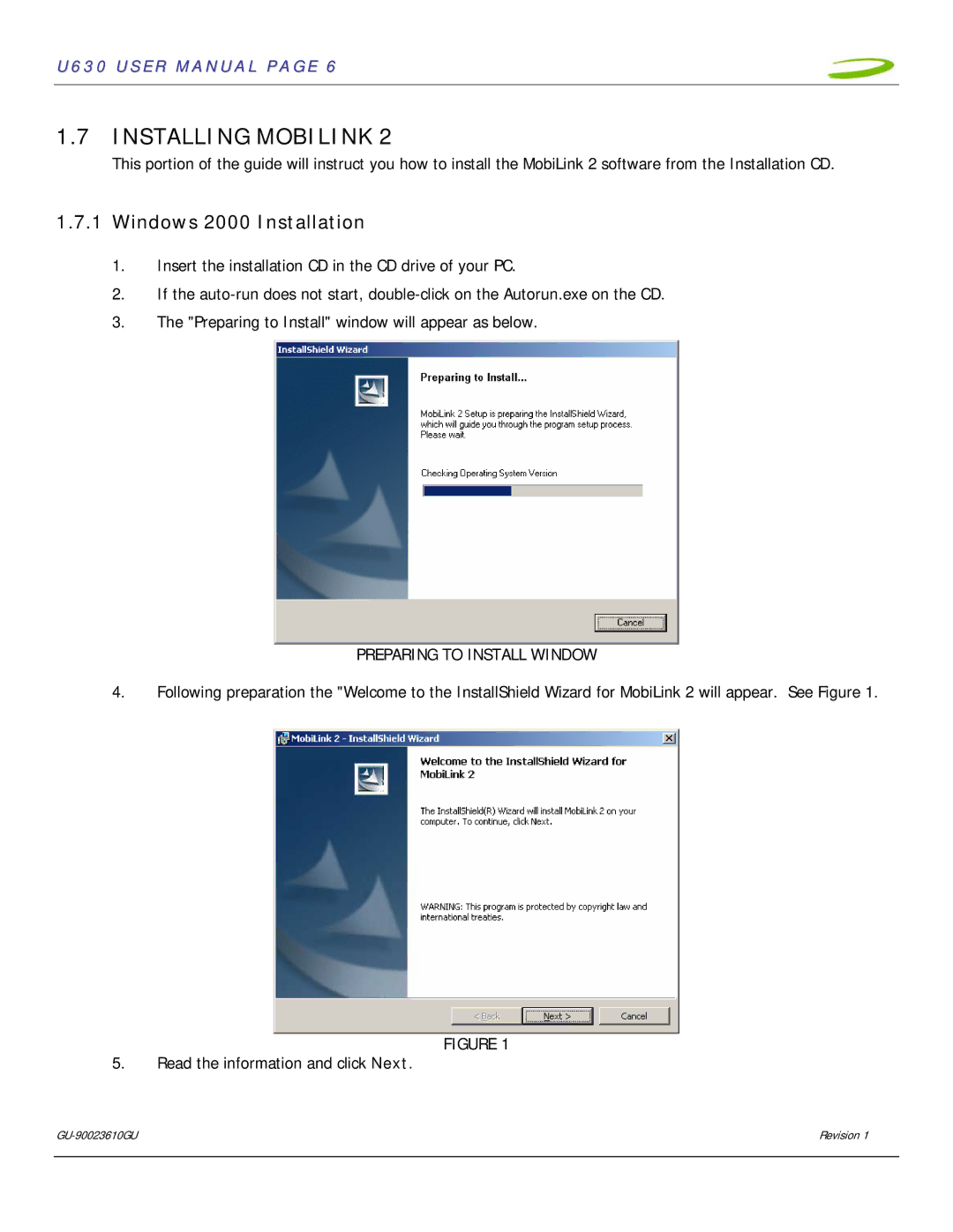 InFocus U630 user manual Installing Mobilink, Windows 2000 Installation, Preparing to Install Window 