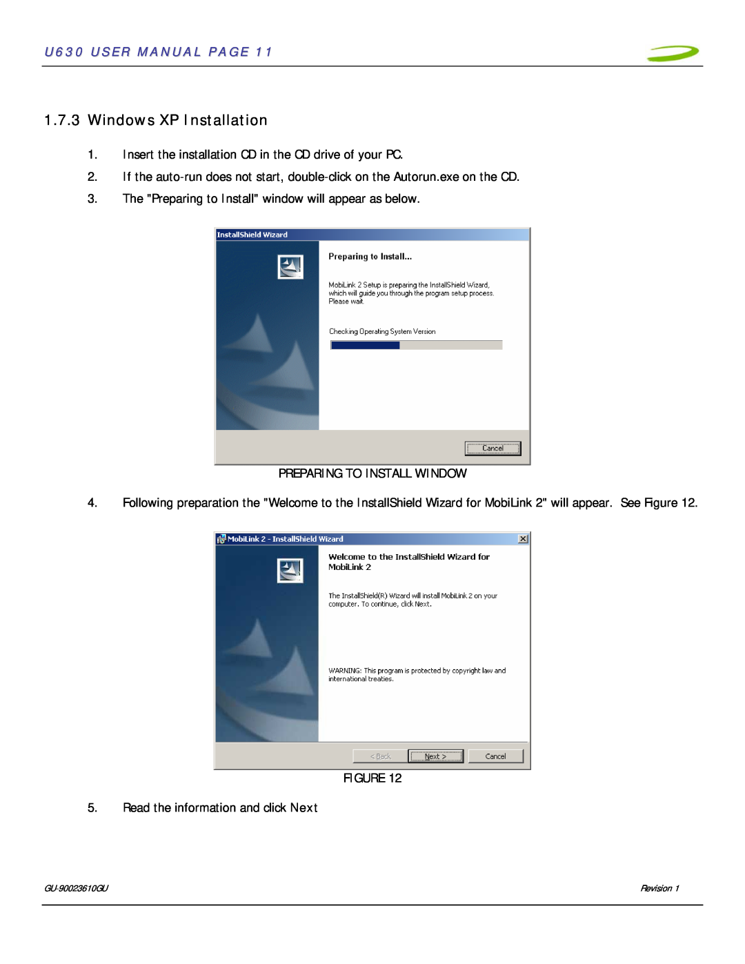 InFocus user manual Windows XP Installation, U630 USER MANUAL PAGE 