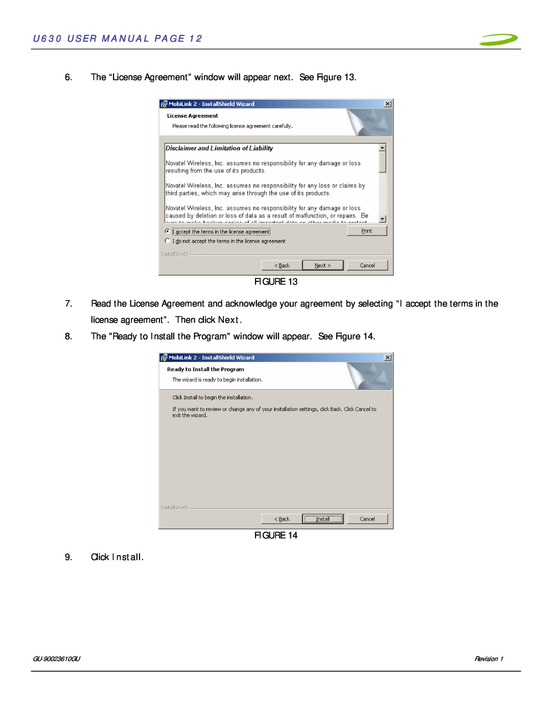 InFocus user manual U630 USER MANUAL PAGE, Click Install, GU-90023610GU, Revision 