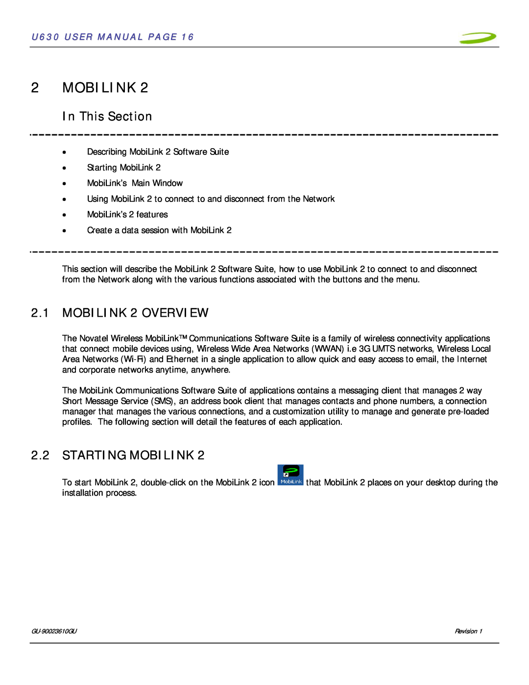 InFocus user manual MOBILINK 2 OVERVIEW, Starting Mobilink, In This Section, U630 USER MANUAL PAGE 