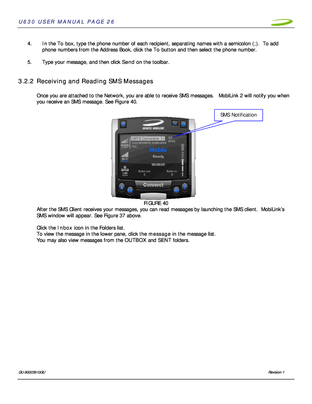 InFocus user manual Receiving and Reading SMS Messages, U630 USER MANUAL PAGE 