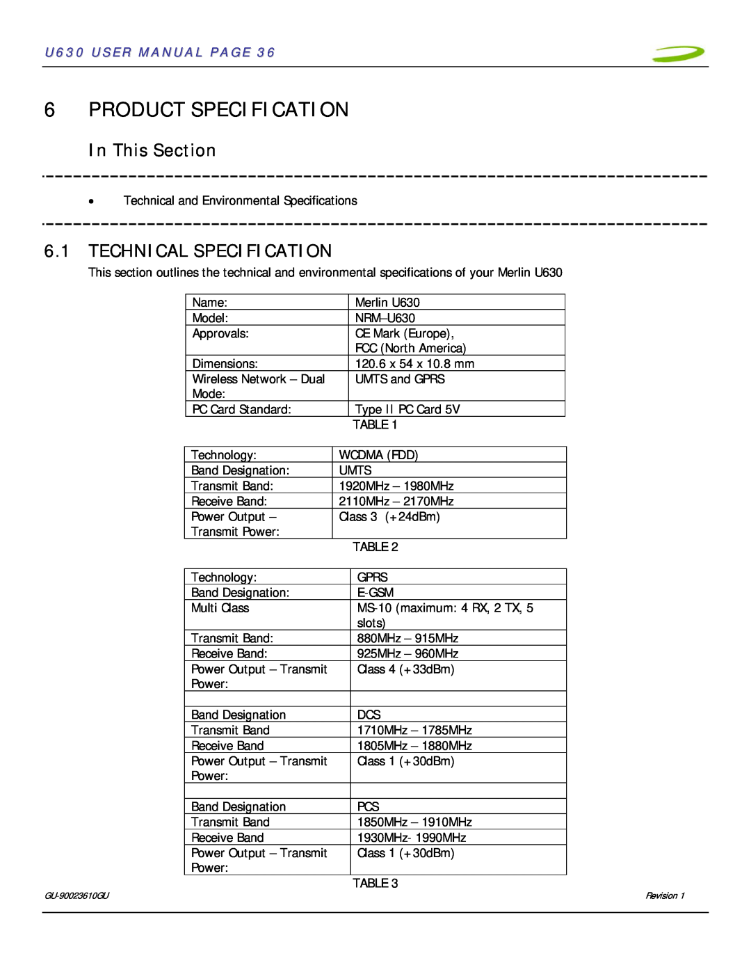 InFocus user manual Product Specification, Technical Specification, In This Section, U630 USER MANUAL PAGE 