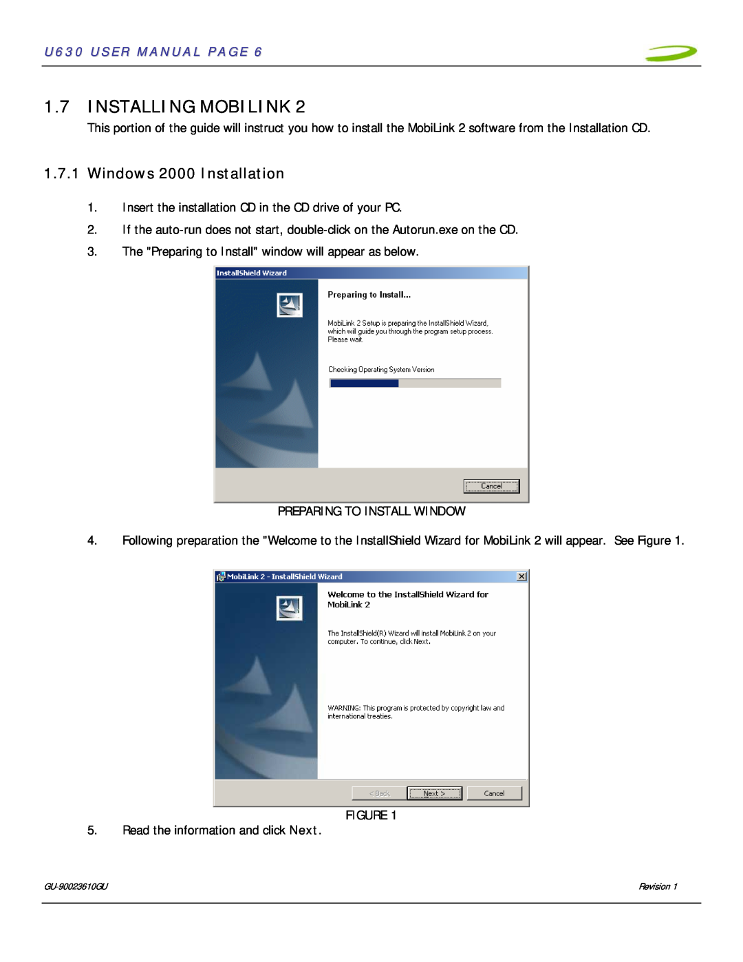 InFocus user manual Installing Mobilink, Windows 2000 Installation, U630 USER MANUAL PAGE 