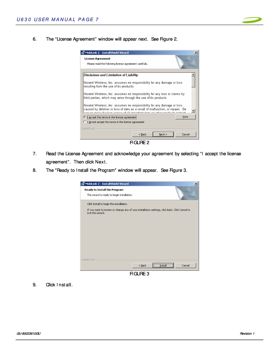 InFocus U630 USER MANUAL PAGE, The “License Agreement” window will appear next. See Figure, Click Install, Revision 