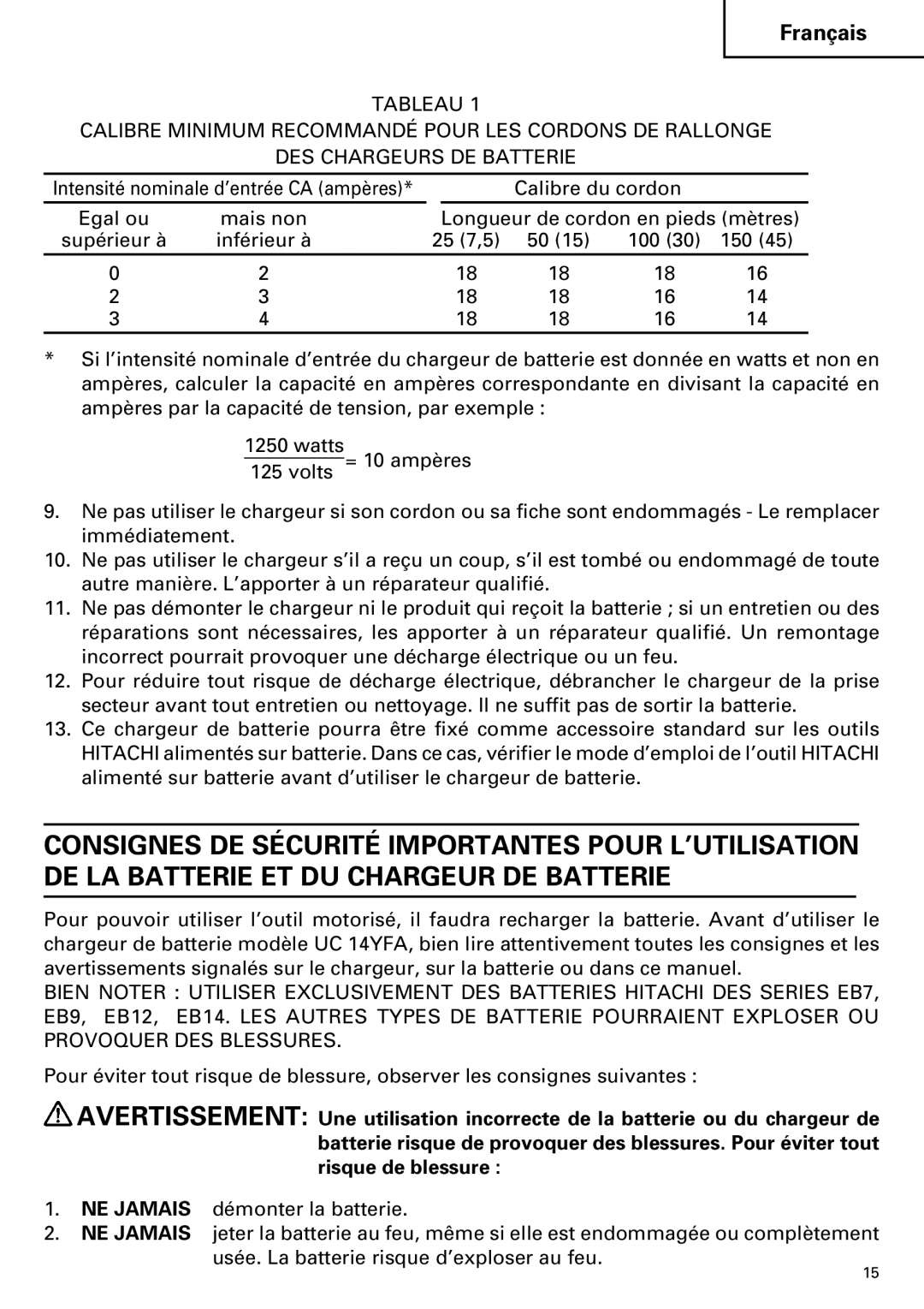 InFocus UC 14YFA instruction manual Intensité nominale d’entrée CA ampères 