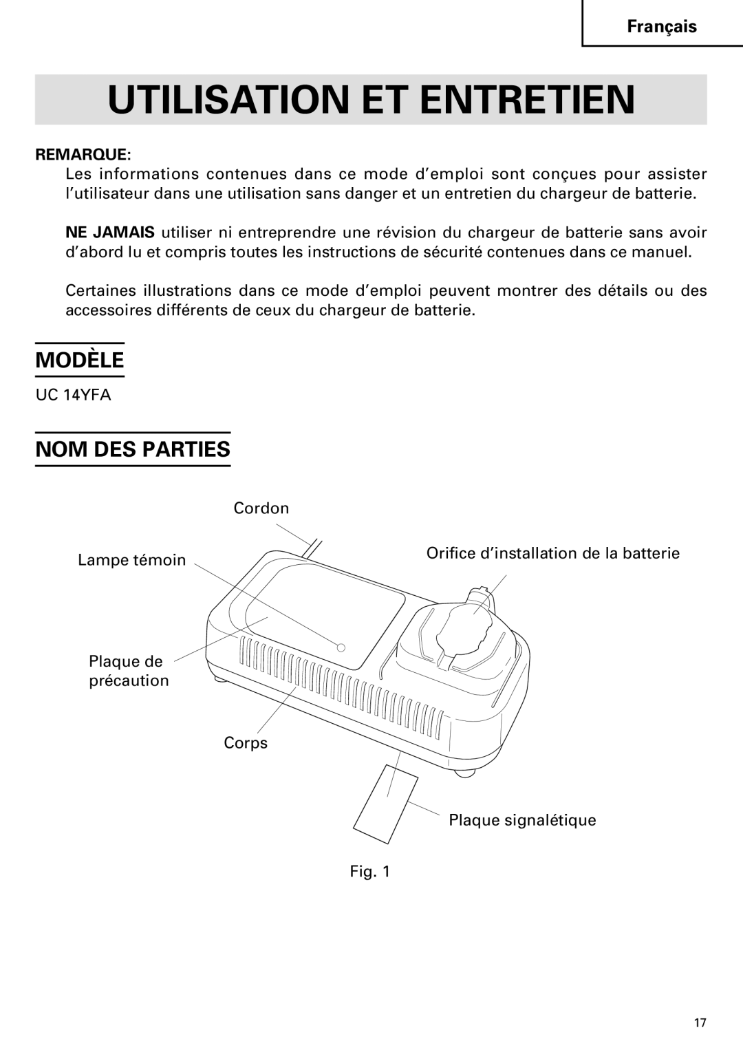 InFocus UC 14YFA instruction manual Utilisation ET Entretien, Modèle, NOM DES Parties, Remarque 