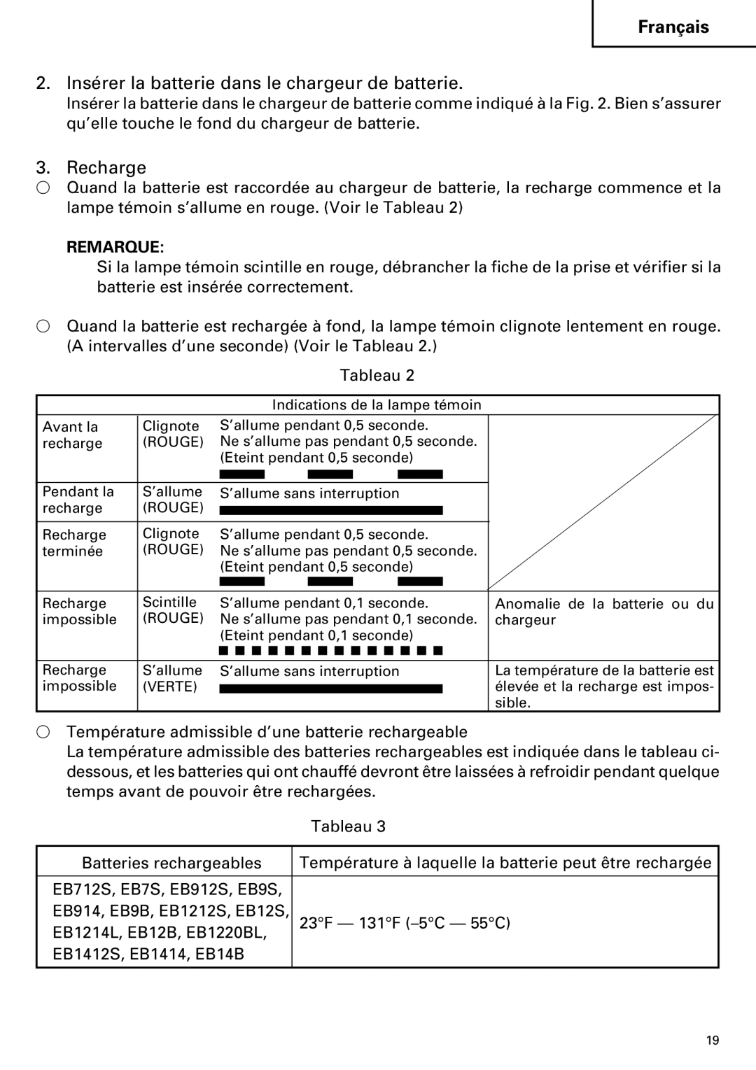 InFocus UC 14YFA instruction manual Insérer la batterie dans le chargeur de batterie, Recharge 