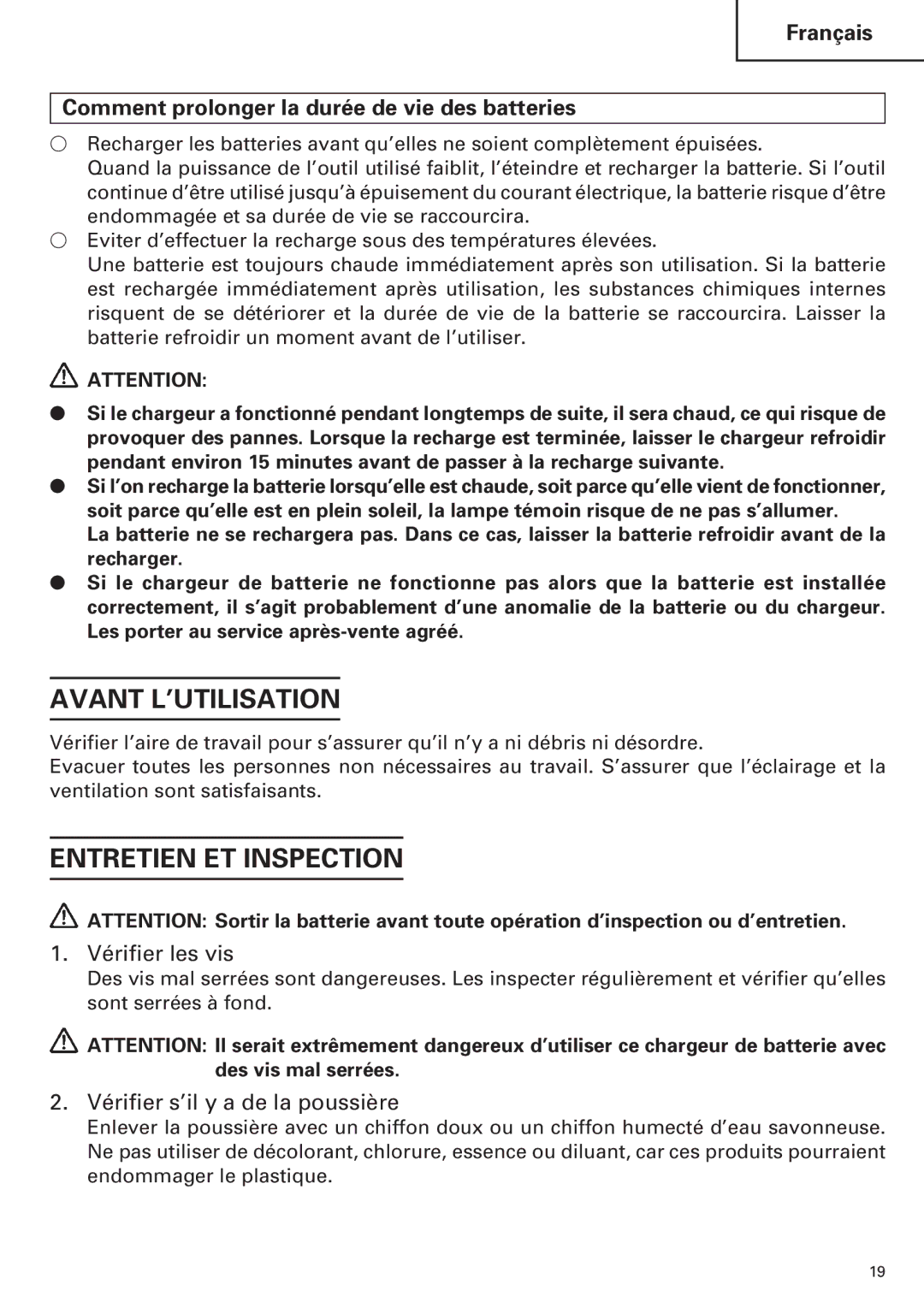 InFocus UC 18SD Avant L’UTILISATION, Entretien ET Inspection, Français Comment prolonger la durée de vie des batteries 