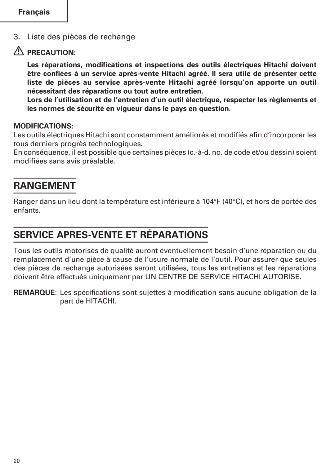 InFocus UC 18SD instruction manual Rangement, Service APRES-VENTE ET Réparations, Liste des pièces de rechange 