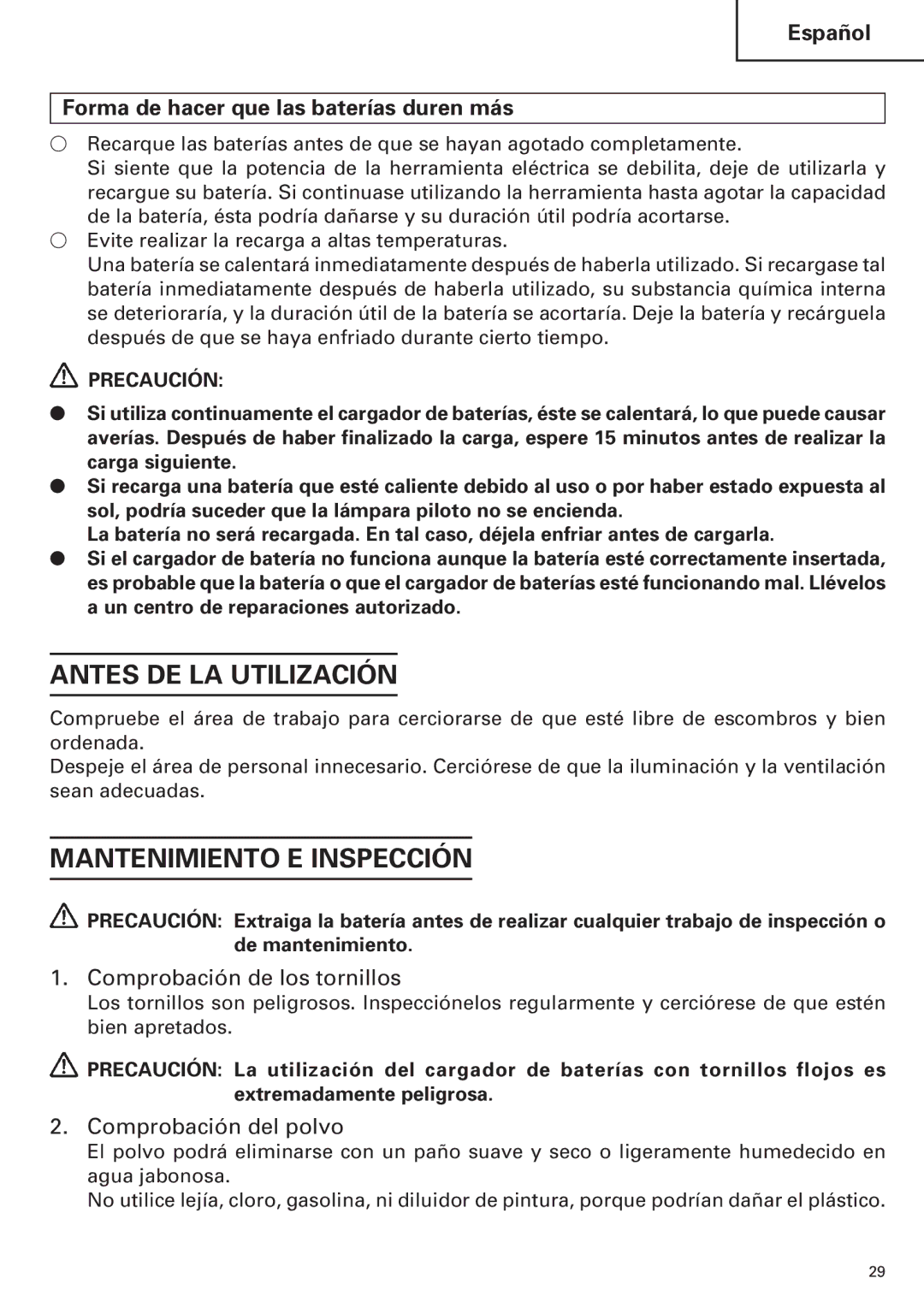 InFocus UC 18SD Antes DE LA Utilización, Mantenimiento E Inspección, Español Forma de hacer que las baterías duren más 