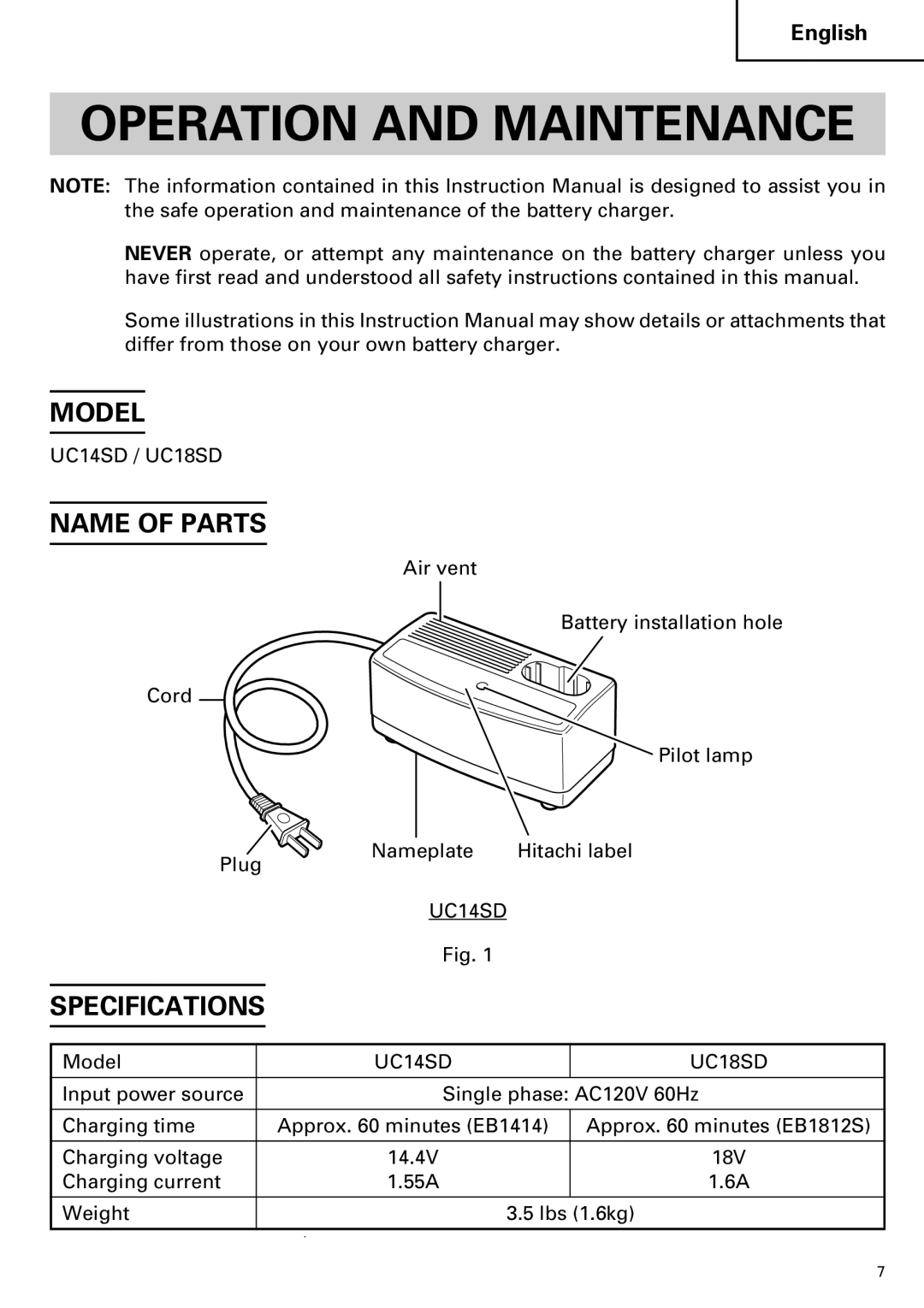 InFocus UC 18SD instruction manual Operation and Maintenance, Model, Name of Parts, Specifications 