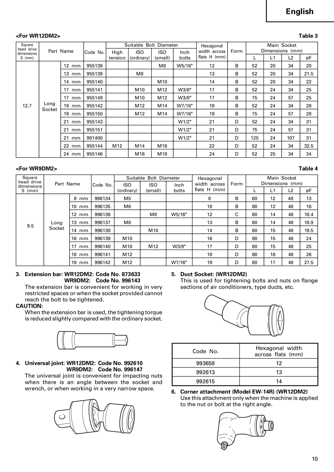 InFocus VR 9DM2 manual Extension bar WR12DM2 Code No WR9DM2 Code No, Universal joint WR12DM2 Code No WR9DM2 Code No 