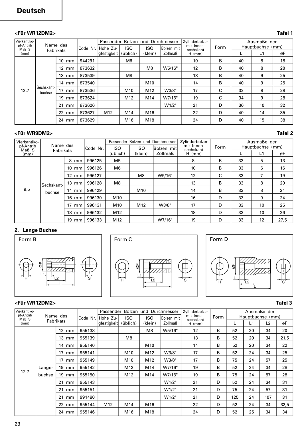 InFocus VR 9DM2 manual Für WR12DM2 Tafel, Für WR9DM2 Tafel, Lange Buchse 