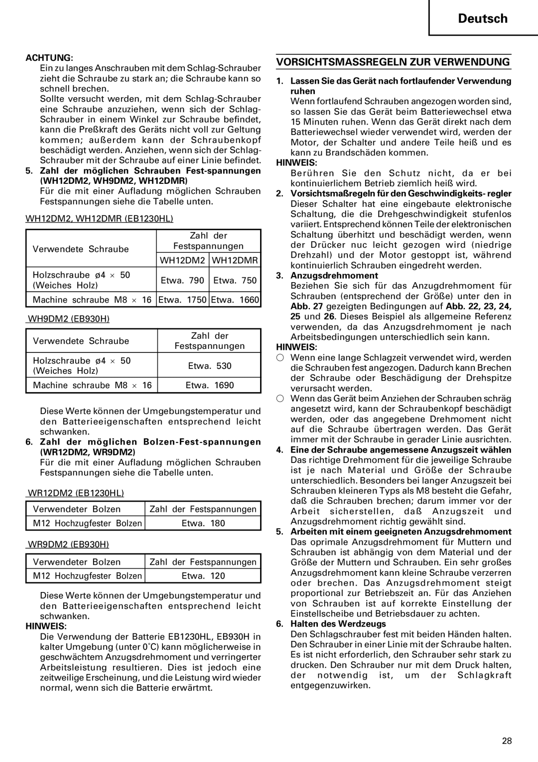 InFocus VR 9DM2 manual Vorsichtsmassregeln ZUR Verwendung, Zahl der möglichen Bolzen-Fest-spannungen WR12DM2, WR9DM2 