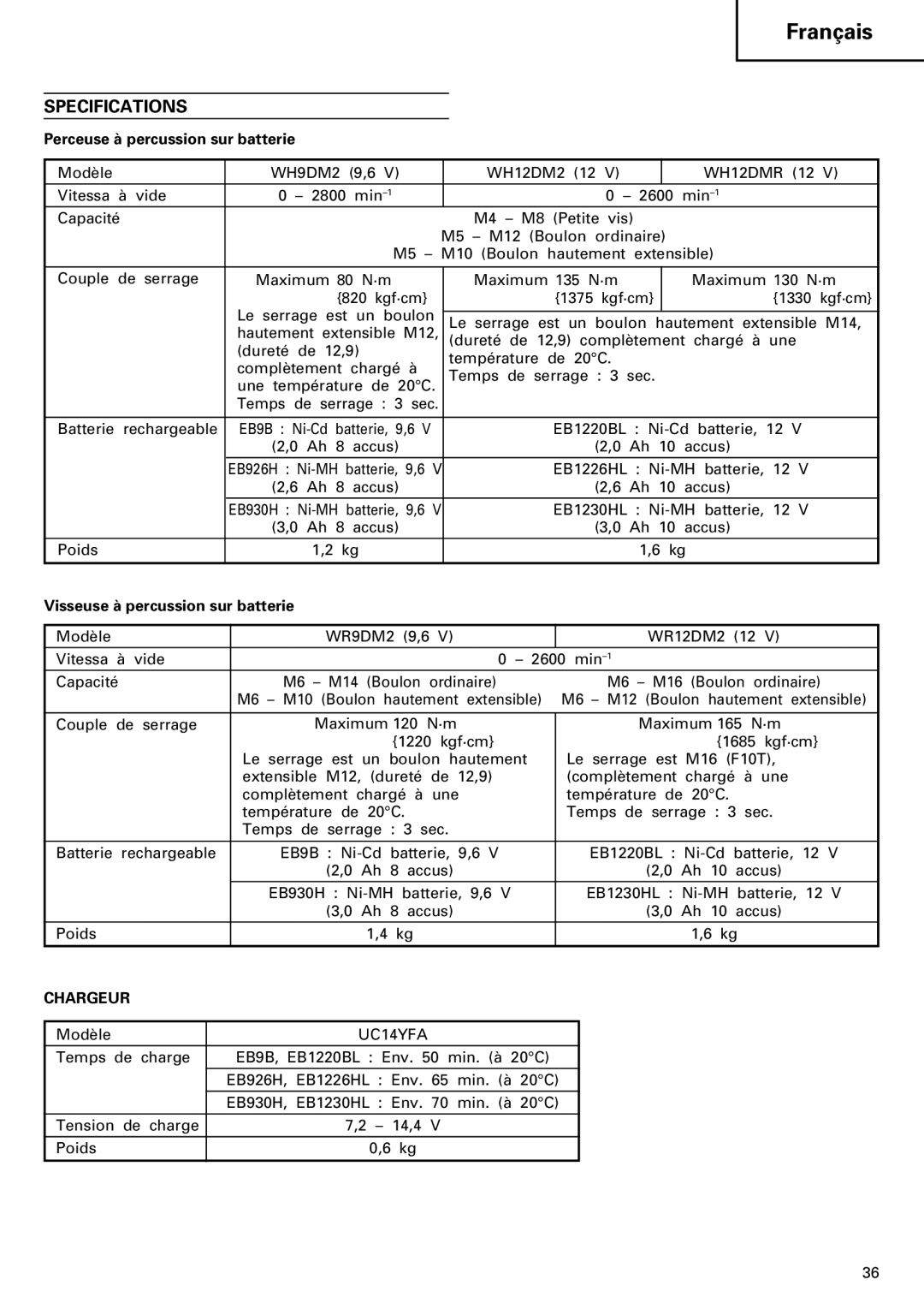 InFocus VR 9DM2 manual Perceuse à percussion sur batterie, Visseuse à percussion sur batterie, Chargeur 